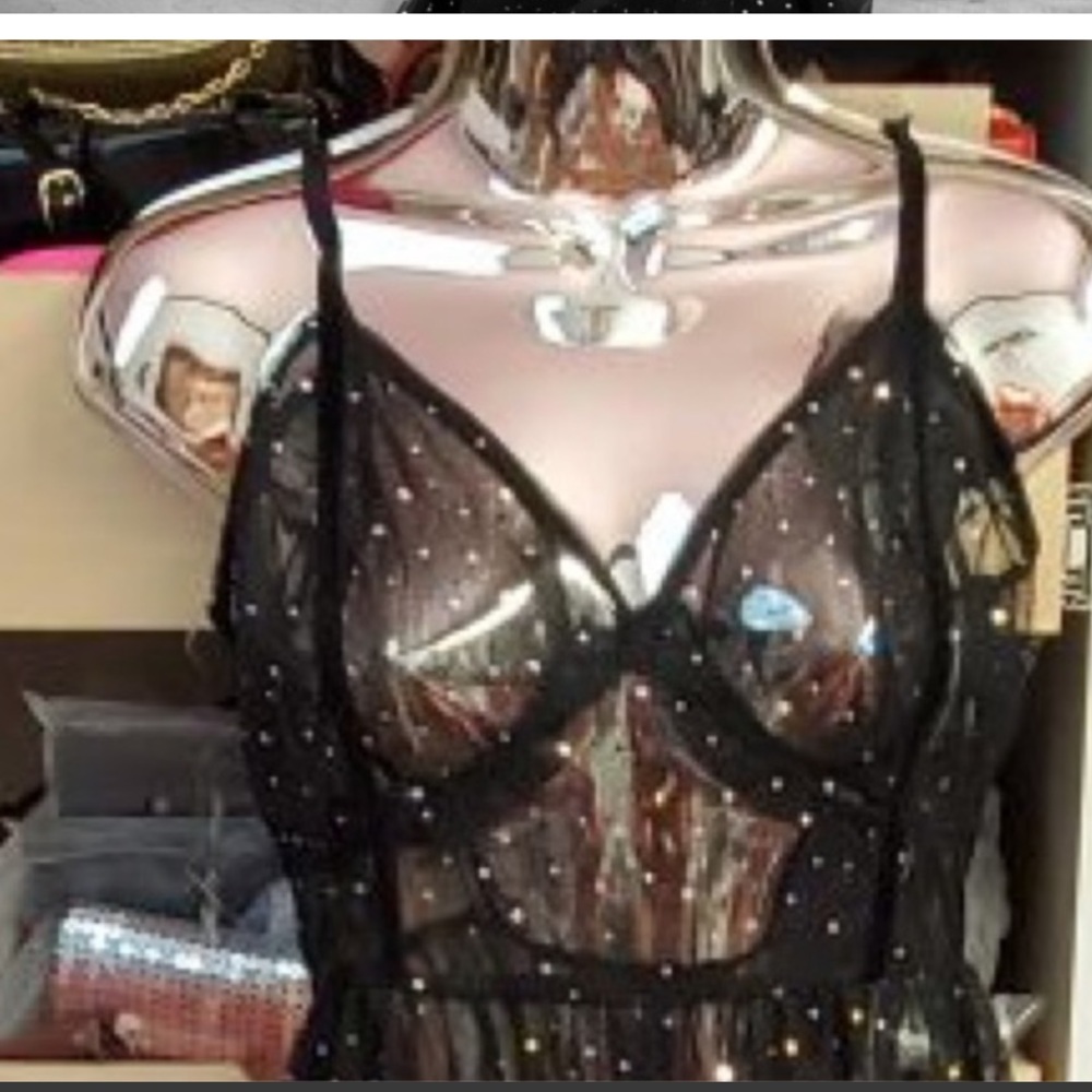 Windsor Sheer Black sheer gems dress . Sleeveless with a slit. small NWT ..